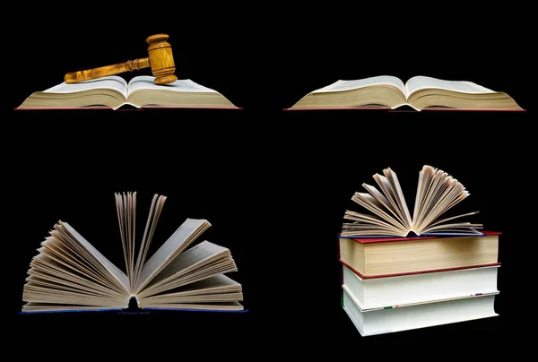 Bücher und ein Holzhammer des Richters auf schwarzem Hintergrund. — Stockfoto