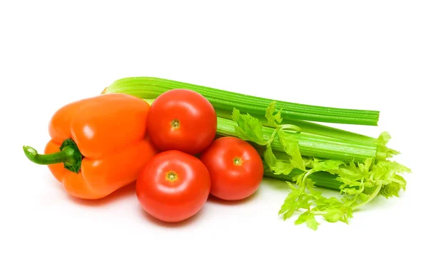 Tomaten, selder en paprika geïsoleerd op witte achtergrond. — Stockfoto