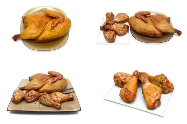 Geräuchertes Huhn und gegrillte Hühnerkeulen auf weißem Hintergrund — Stockfoto
