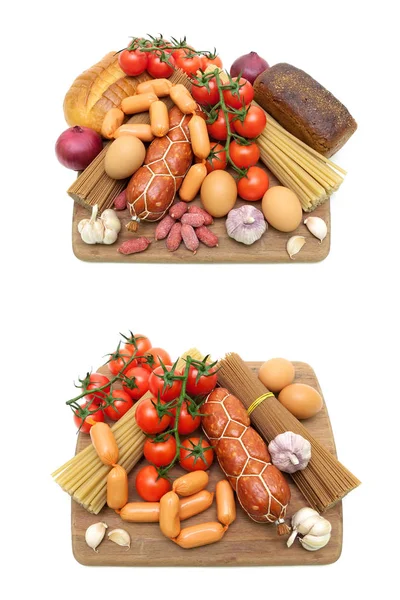 Pane e diversi alimenti isolati su sfondo bianco — Foto Stock