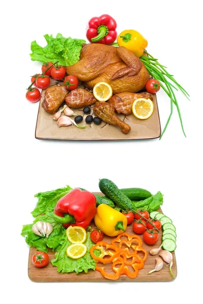 Smoked chicken and vegetables isolated on white background — Stock Photo, Image