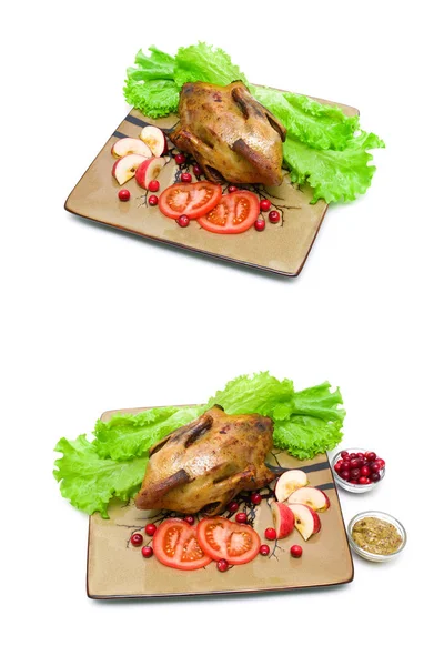 Fried wild duck with apples and cranberries on a plate on a whit — Stock Photo, Image