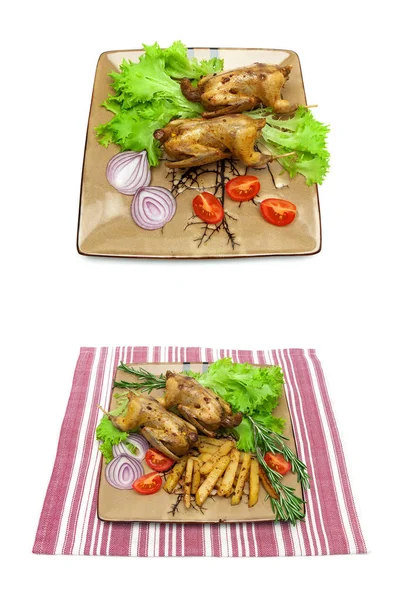 Hidangan dengan ayam hutan goreng dan sayuran diisolasi di backgr putih — Stok Foto
