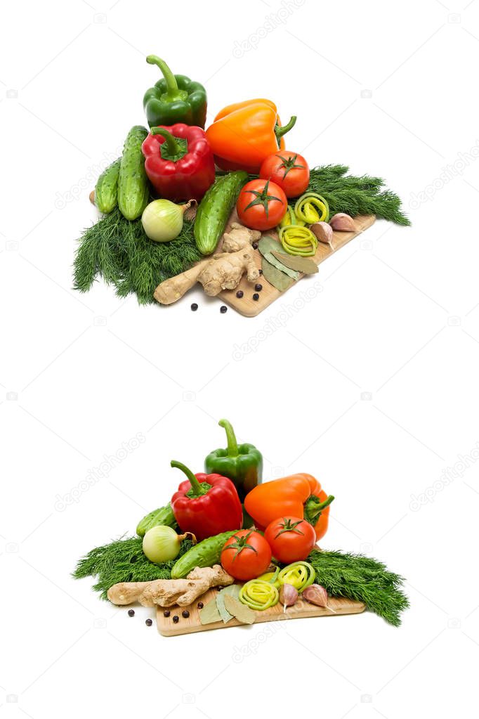 fresh vegetables and greens on a white background