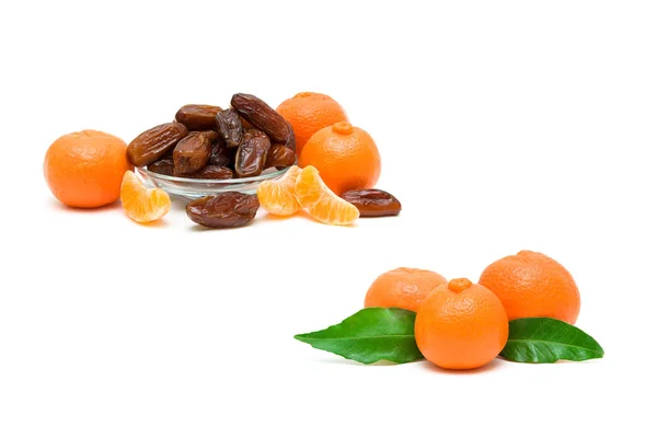 Tangerines and dates closeup on a white background — Stock Photo, Image