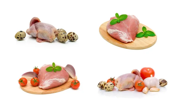 Pork meat, carcass quail and vegetables on a white background — Stock Photo, Image