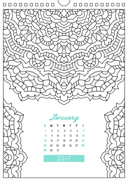 Calendrier 2017 pour la coloration — Image vectorielle