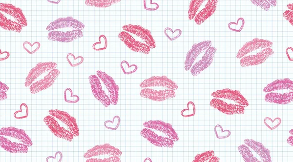 Nahtloses Muster mit Lippenspuren und Herzen — Stockvektor