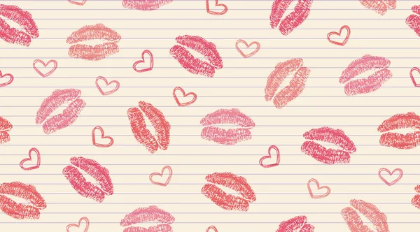 Naadloze patroon met sporen van de lippen en harten — Stockvector
