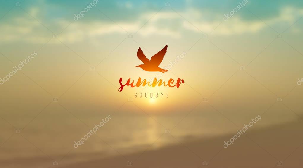 Vector blurred sunrise seascape and seagull silhouette