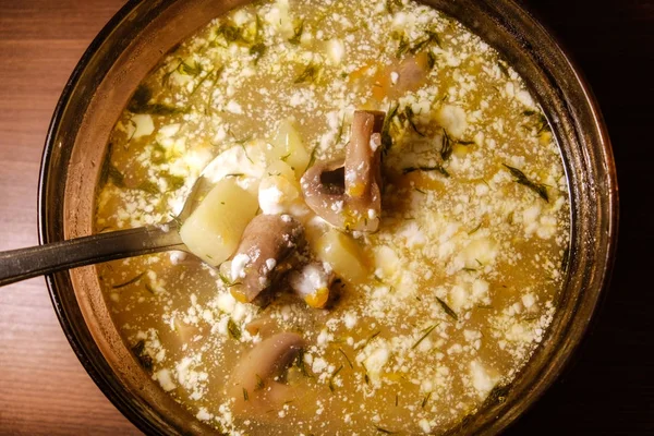 Vynikající polévka s houbami a bramborami — Stock fotografie