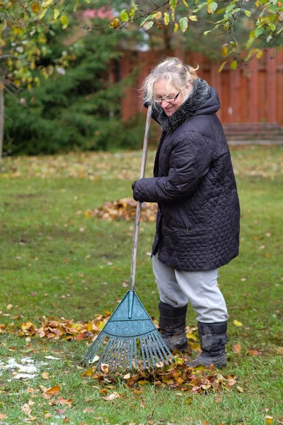 Una donna pulisce le foglie — Foto Stock