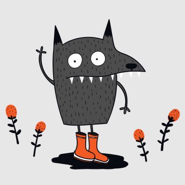 Hayvanlar sevimli canavar vektör karakter tasarımı karikatür. Çiçeklerin ortasında bir gülümsemeyle iyi sallanan eller tebrik. Yaratıcı fikirler