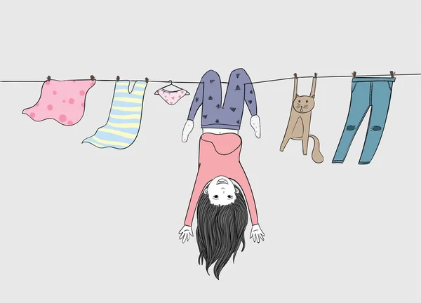 Petite fille et son chat bien-aimé profitent des vacances.Tous les deux jeu vilain sur la corde à linge en été . — Image vectorielle