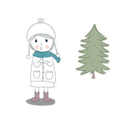 Sevimli vektör çocuk. Çocuk bir soğuk kış Becket ve rahatsızlık, burun akıntısı.