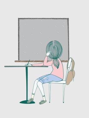 Genç kız sınıfta. Şiddetli yağmur bakıyordu. O şemsiye yağmur yağıyordu çünkü sınıfta kalmış zorunda kaldı.