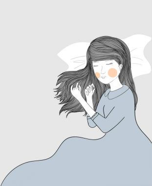 Çünkü o aşık bir kadın mutlu bir şekilde uyuyor. Uykulu güzellik. Çekici genç kadın onun yatakta uyuyan.