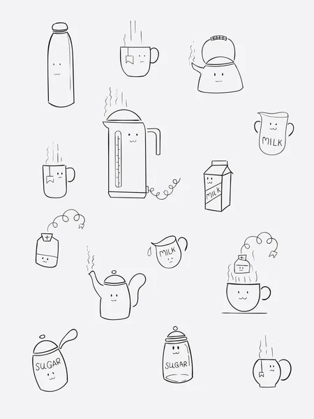 Il bollitore ha una varietà di stili tra cui scegliere. Bottiglie di vari tipi di immagini dei cartoni animati carino . — Vettoriale Stock