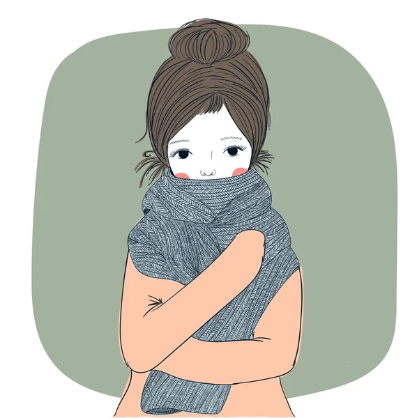 Cute winter girl.Beautiful young girl hugging her French scolded himself during the winter. She may not have a fever due to climate change by snow. — Stock Vector