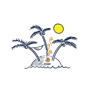 Vektör resim Doodle.A denizin ortasında küçük bir ada. Geceleme ve yangın