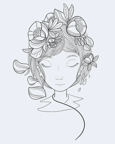 Güzel bir buket çiçek ile çeşitli türlerin başında çekici genç kadın. Kapalı kendi bilgi ve anlayış kendi pişman oldum. Vektör Hat sanatı Doodle