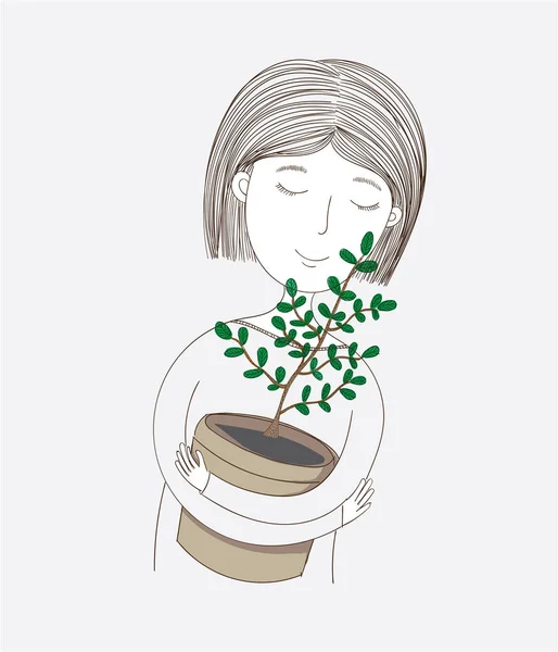 Linda Chica Abrazando Sus Propios Árboles Plantados Ella Ama Árbol — Vector de stock