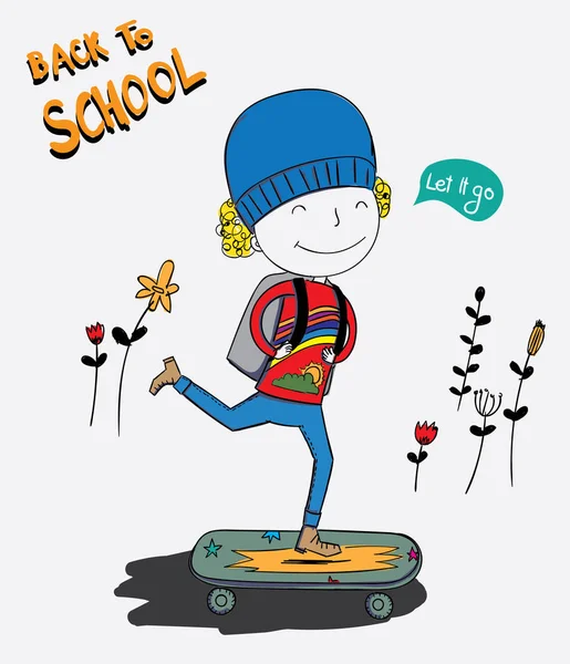 Boy Skateboarding Boy Very Happy School First Day — Stock Vector