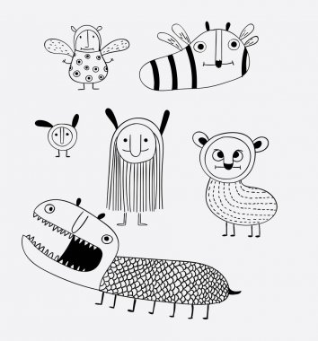 Çocuklar için karikatür hayvanlar birçok türü vardır. Hayvanlar sevimli canavar vektör karakter tasarımı karikatür. Yaratıcı fikirler