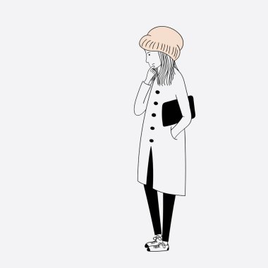 Kız kalın bir palto giymiş nerede o soğuk ve yalnız bir yerde alışveriş merkezine gitti. Sanat içinde gri yüzey boyama doodle. Kadın siyah güneş gözlüğü takıyor