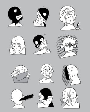 Erkekler temsilcisi ruh halleri, gençler çeşitli vardır. Mutlu ve sevgi ile utanmış adamlar. Sanat gri surface.vector karakter tasarımı içinde boyama doodle. Yaratıcı fikirler