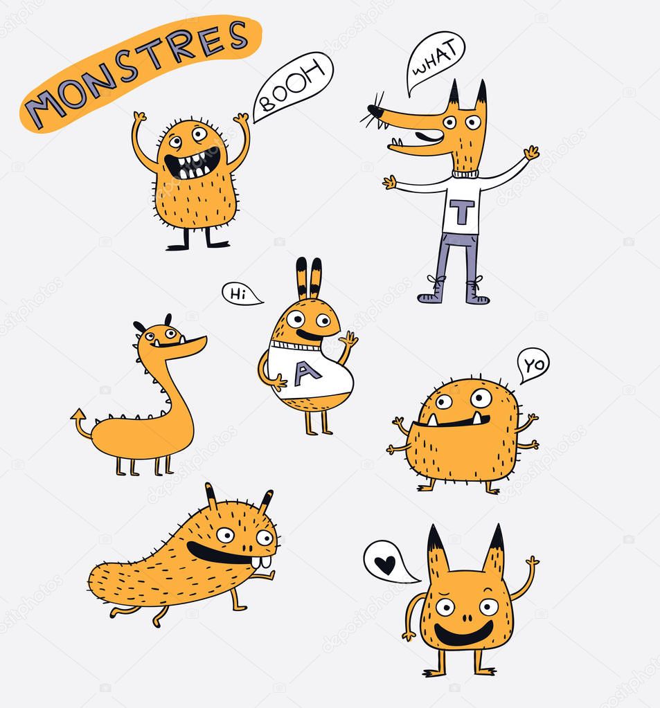 Set of monsters all types are piling against the world.Cartoon animals the cute monster vector character design.Creative ideas