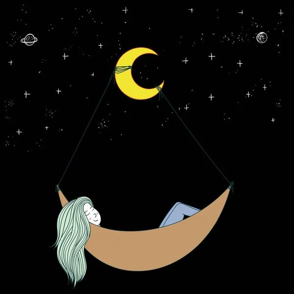 Long Haired Woman Lying Cot Quiet Night She Dreaming New — Stock Vector