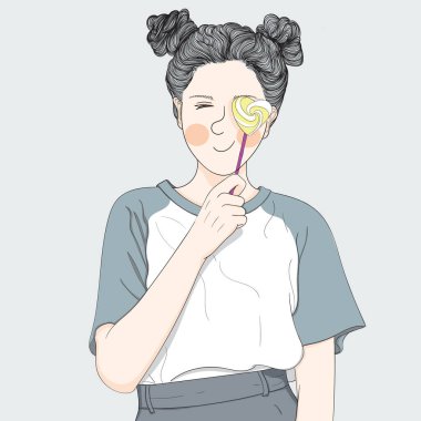 Kadın güzel bir saç stili bağlamış. Bir gün, festival sezonunda şeker yiyordu, en güzel gündü. Doodle sanat konsepti, resim çizimi.