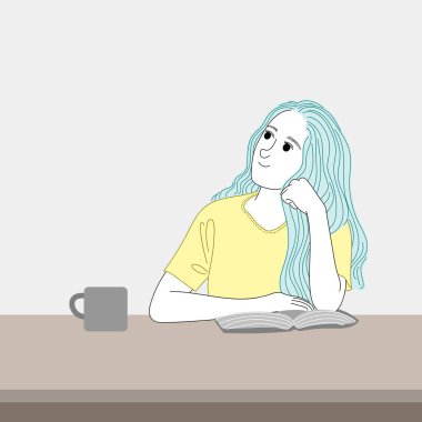 Kadın çalışmak için cesaretlendirici kitaplar okuyor. Keyfi yerinde, kahve dükkanının penceresinin etrafındaki manzaraya bakıyor. Doodle sanat konsepti, resim çizimi.