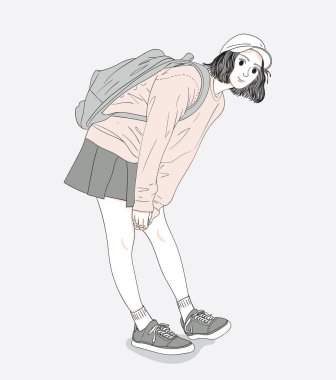 Sırt çantası taşıyan kadın seyahat etmeye hazır. Doodle sanat konsepti, resim çizimi.