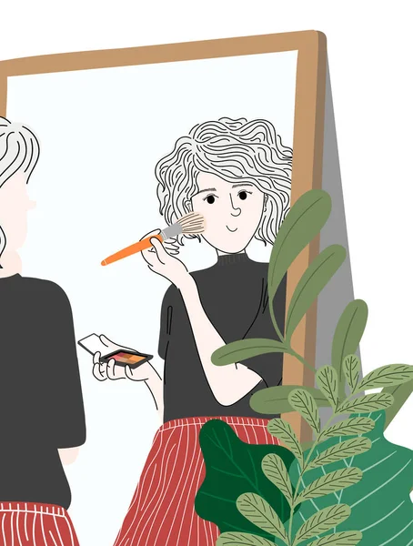 Aynada Kadın Makyajı Tatile Çıkmaya Hazır Doodle Sanat Konsepti Resim — Stok Vektör