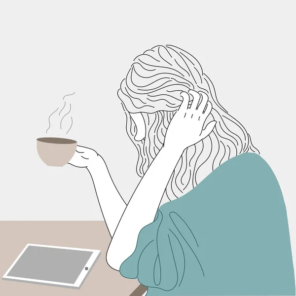 Woman Drinks Coffee While Watching Tablet Doodle Art Concept Illustration — Stock Vector