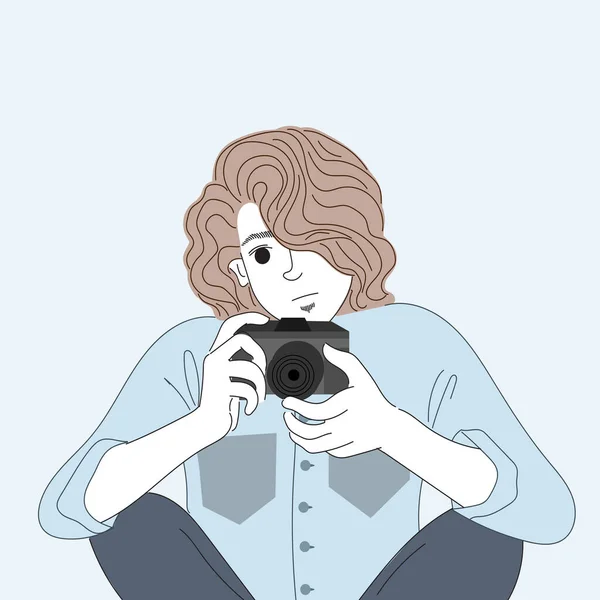 Mannen Genieten Van Fotografie Buitentuin Doodle Art Concept Illustratie Schilderen — Stockvector