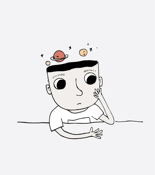 Boy Thinking His Head Full Stars Doodle Art Concept Illustration — Stock Vector