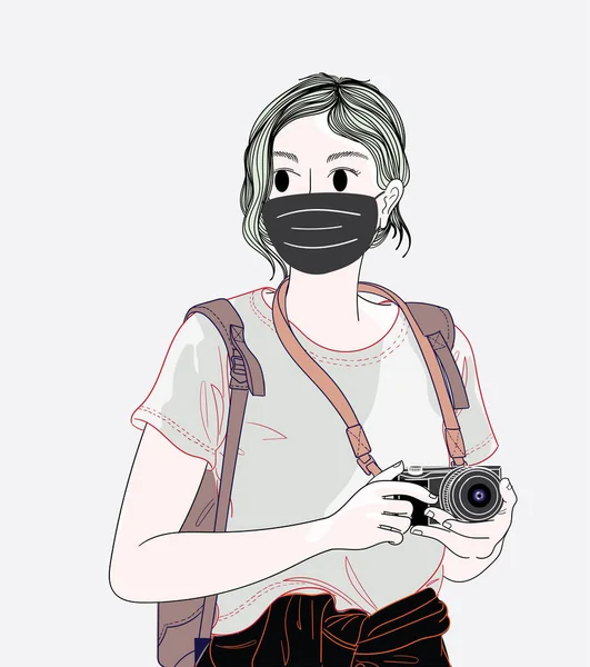 Mujeres Que Usan Máscaras Para Protegerse Contra Gérmenes Virus Doodle — Vector de stock