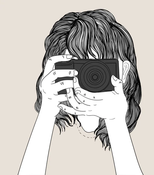 Жінка Тримає Стилістичну Камеру Носить Джинсовий Джекет Концепція Мистецтва Дудла Стокова Ілюстрація