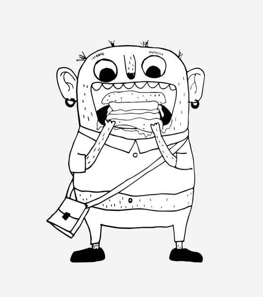 Monster Eszik Egy Hamburgert Egy Szabadtéri Területen Doodle Art Koncepció Jogdíjmentes Stock Illusztrációk