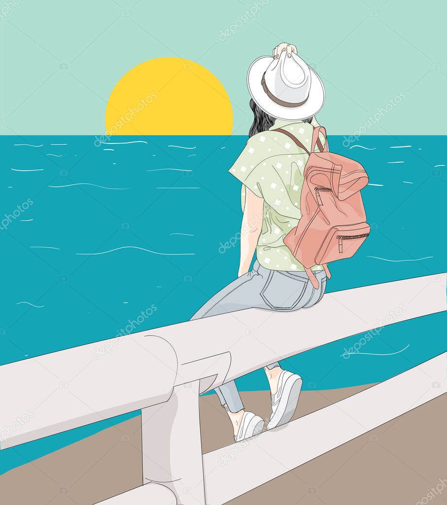 Woman sitting on the beach, looking at the sun.Doodle art concept,illustration painting