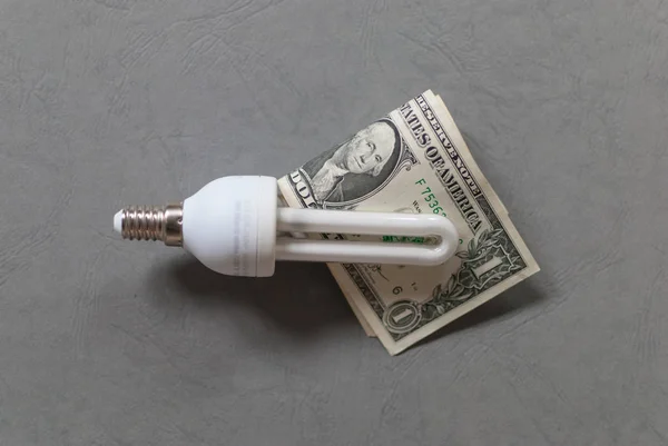 Light bulb with two 1 dollar bills attached