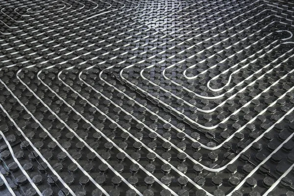 Radiant Underfloor Heating Installation Flexible Tubing Mounted Insulation Boards — Stock Photo, Image