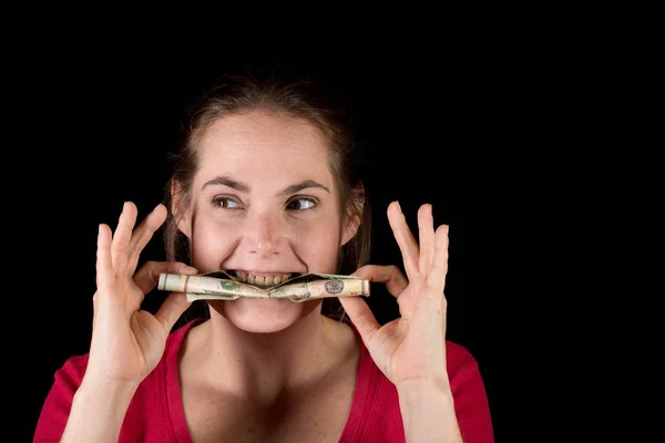 Mulher com Dinheiro Americano nos dentes — Fotografia de Stock