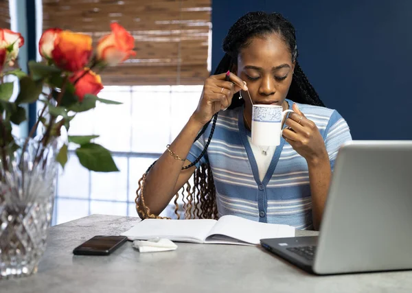 Junge, afrikanisch-amerikanische Frau arbeitet von zu Hause aus auf ihrem Laptop in — Stockfoto