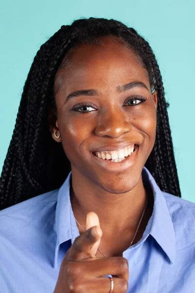 Close Head Shot Stunning African American Woman Blue Blouse Beautiful — Stock Photo, Image