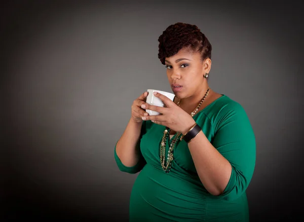 Sized African American Business Woman Wearing Green Dress Holding White — Stock Photo, Image