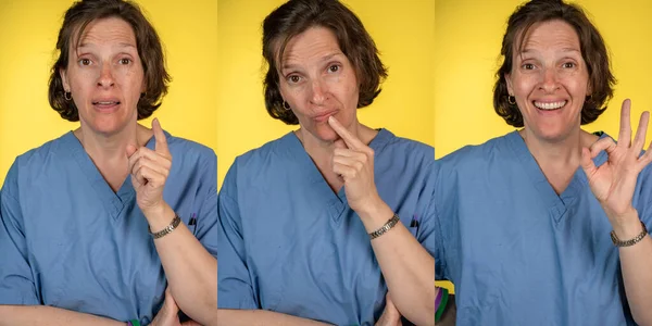 Három kép egy fáradt orvosról egy videohíváson egy beteggel vagy koleázzsal — Stock Fotó